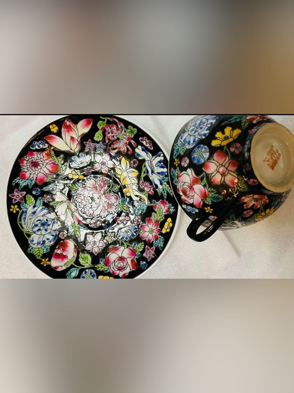 Hand-Painted Floral Porcelain Bowl - Black with Multicolor Flowers -